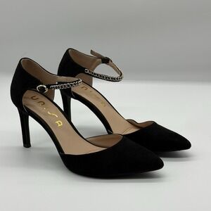 Unisa Black Suede Pointed Toe‎ Heels Gold Chain Ankle Strap Size 7.5